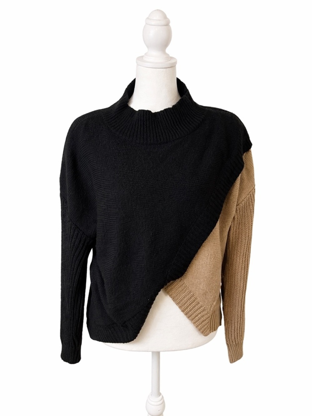 Two-Tone Black and Camel Asymmetric Knit Sweater